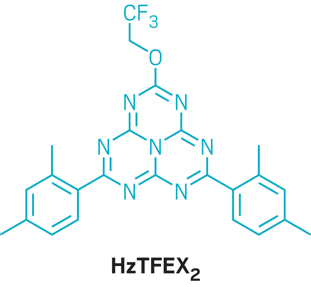 The molecular structure of a heptazine analogue called HzTFEX2. The core is three fused six-membered rings that contain seven nitrogen atoms. This makes a triangle-shaped molecule with a trifluoromethyl ether at the top point and a dimethylbenzene moiety at each of the bottom two points.
