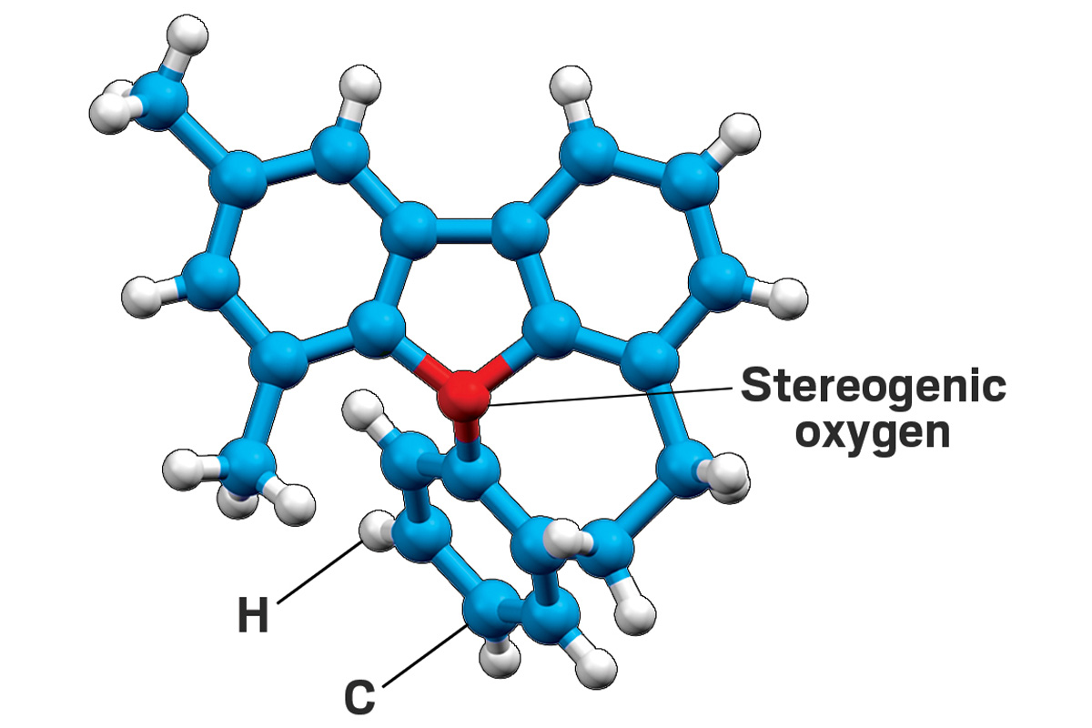 A 3D crystal structure of a chiral oxonium ion. When the compound is viewed with the three oxygen bonds pointing into the page, the carbon-based ring structure encircles the central oxygen with a slight twist. The oxygen has three bonds locked in a pyramidal geometry.