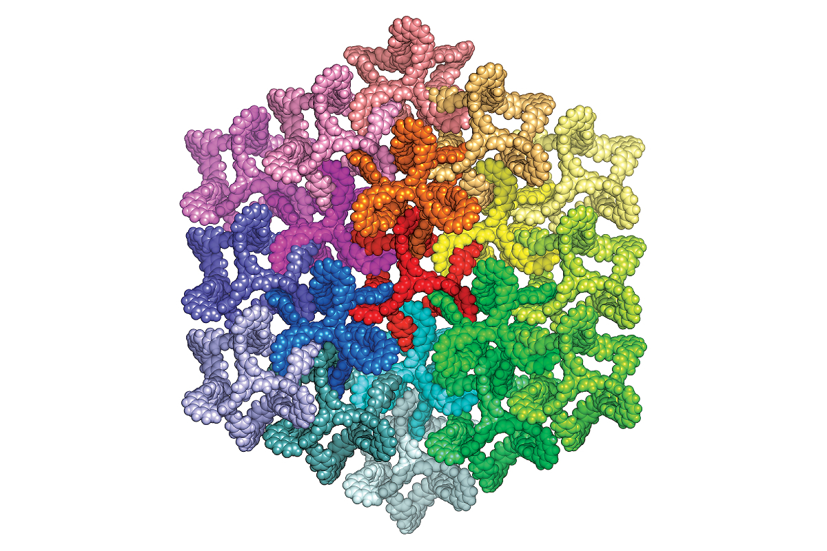 Crystal structure of a covalent organic framework shows that each building block is interlocked with six neighbors.