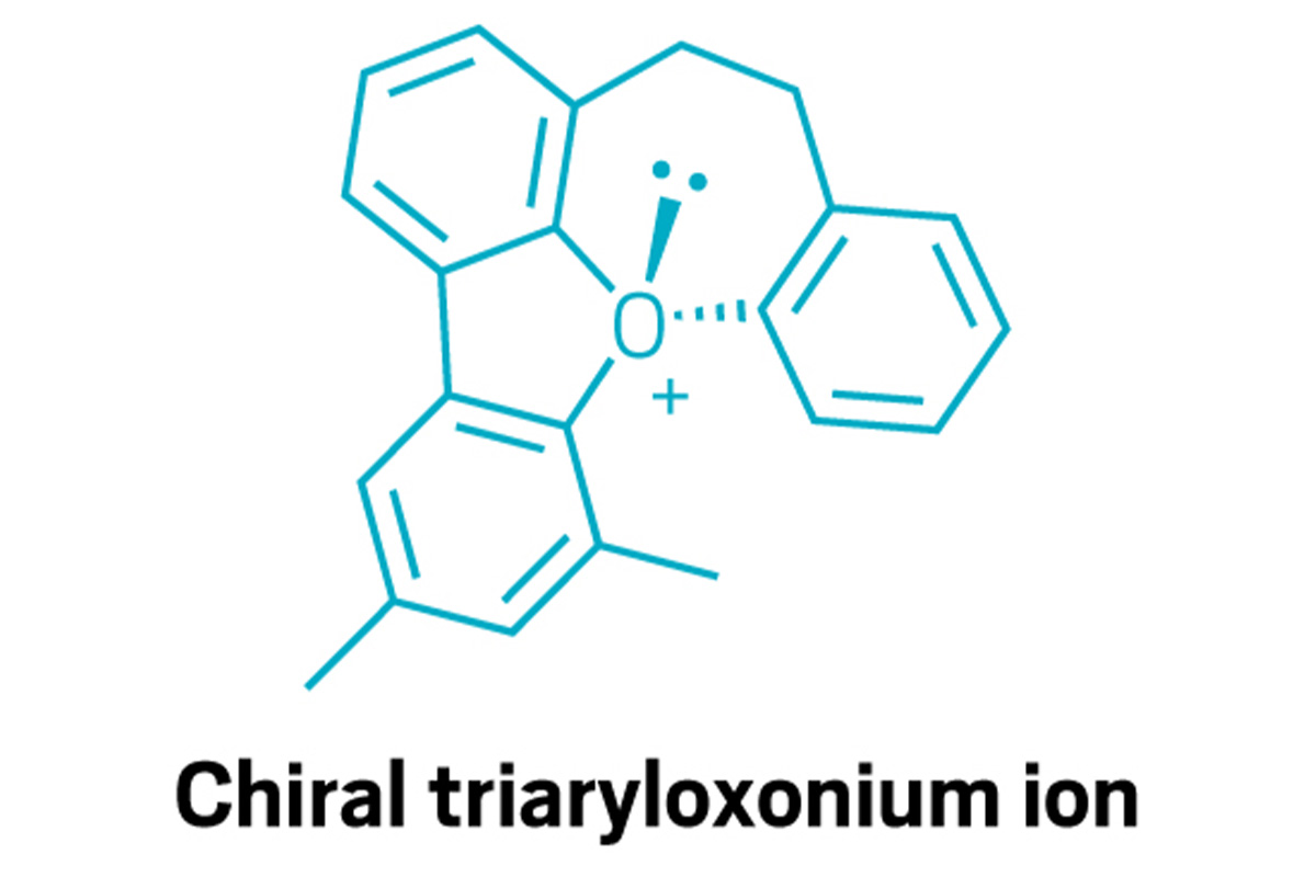 The chemical structure of a helically chiral triaryloxonium ion.