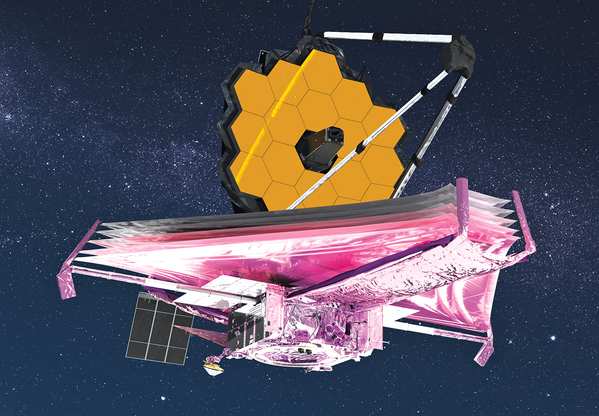 The James Webb Space Telescope superimposed on a starry background.