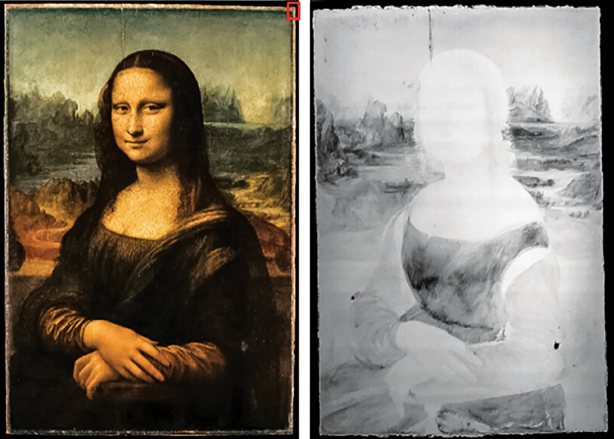 Next to the Mona Lisa is an X-ray image of the painting that looks bright white on Mona Lisa’s skin and hair, light gray on the sleeves, and darker gray on the dress and parts of the background.