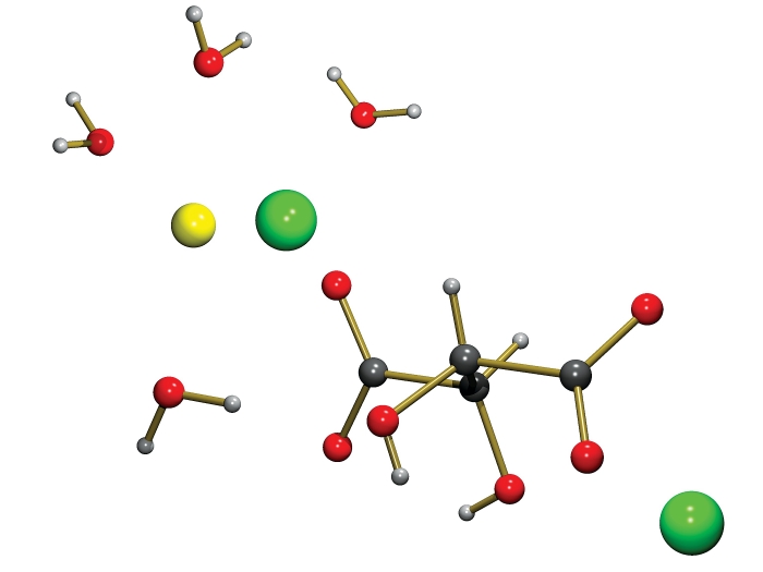 Ball-and-stick rendering of sodium rubidium (+)-tartrate tetrahydrate.
