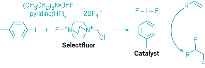 Reaction scheme shows formation of catalyst and vicinal difluorination of terminal olefins.