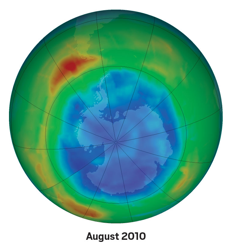 Global map shows the ozone hole over Antarctica.