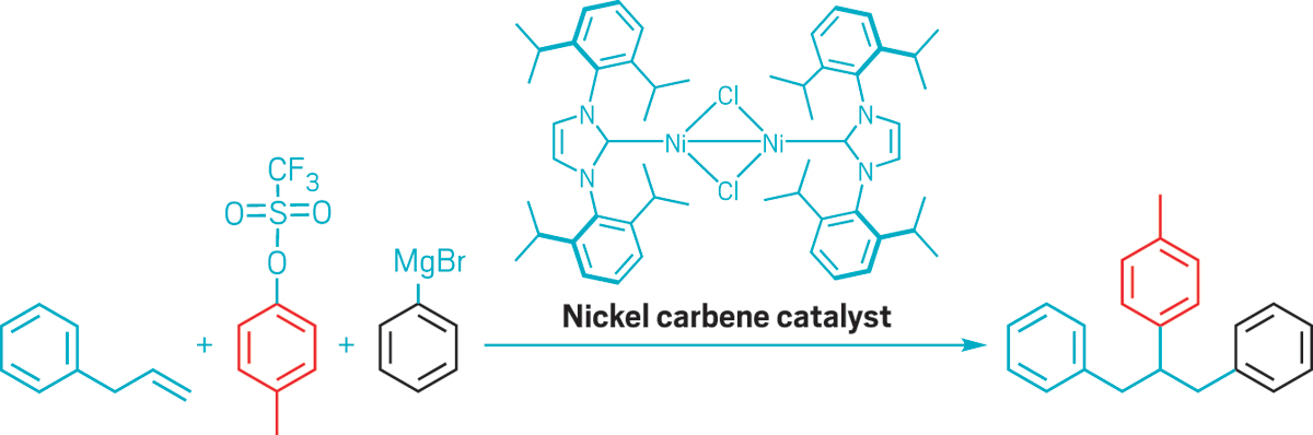 Research at a glance: Ming Joo Koh uses earth-abundant metal catalysts, like this nickel carbene catalyst, to build complex organic compounds.