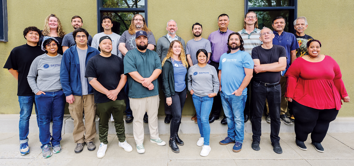 Sepion Technologies' staff at the firm's headquarters in Emeryville, California. Cofounder and CEO Pete Frischmann is in the back row, third from right. Cofounder and Chief Science Officer Brett Helms is in the back row, sixth from right.