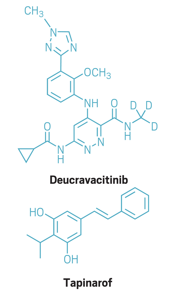 The chemical structures of Deucravacitinib and Tapinarof.