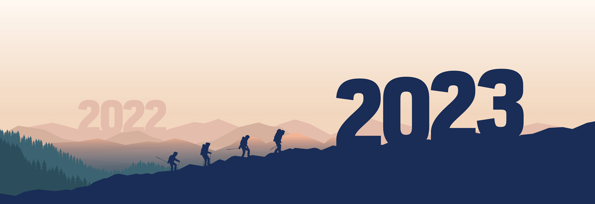 An illustration of four people, shown in silhouette, hiking up a mountain, with the number 2022 in the distance as they approach 2023 in the foreground.