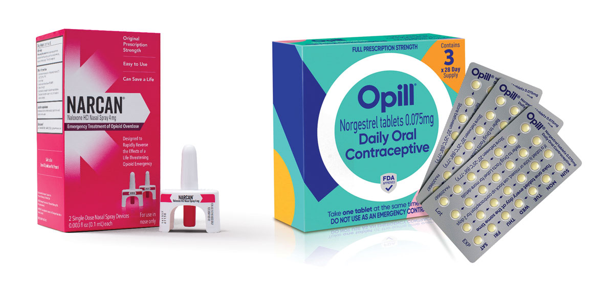 Products shots of Narcan nasal spray and Opill tablets.