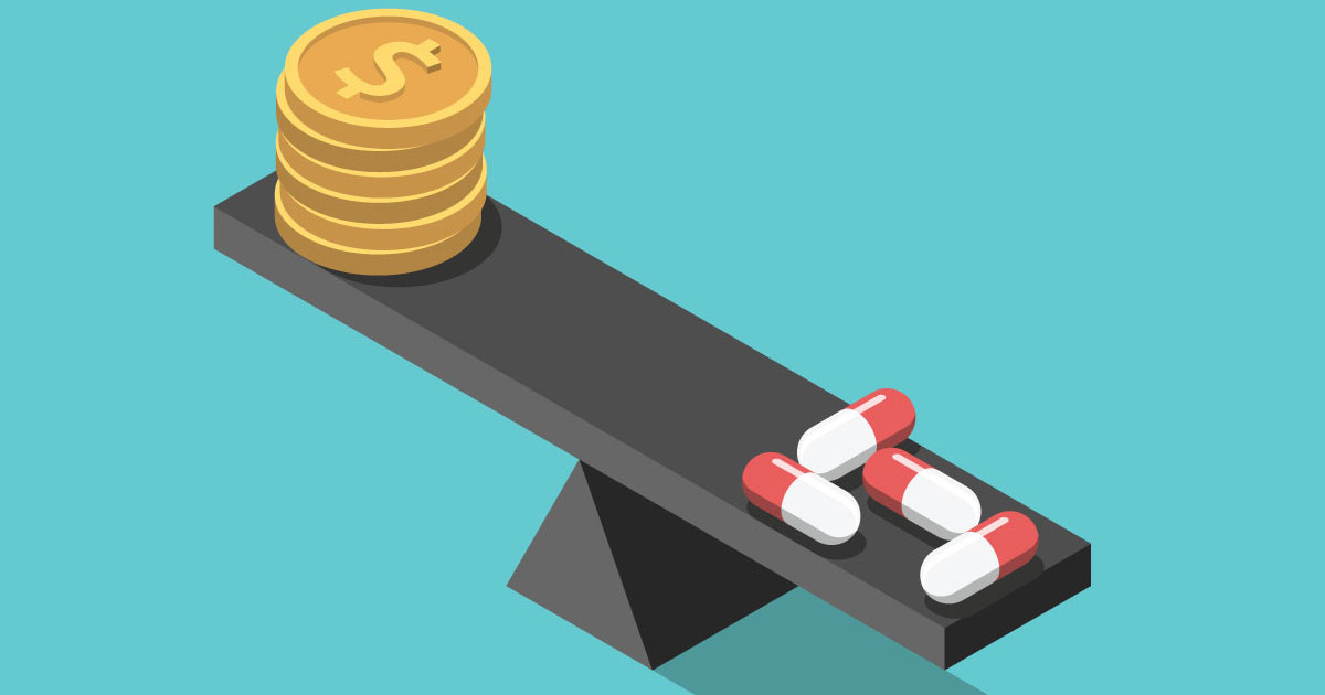 Four pills are balanced against a stack of gold coins on an illustrated beam balance