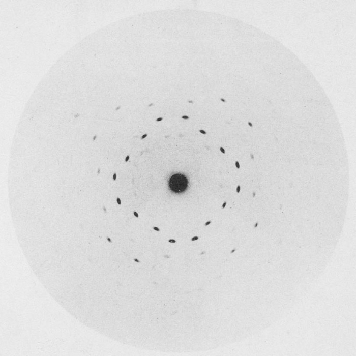 Interference pattern observed by von Laue and collaborators using a photographic plate.