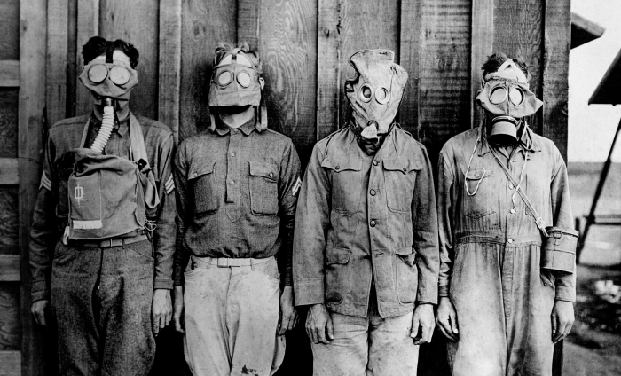 Examples of gas masks produced by the U.S. (from left), France, the U.K., and Germany.