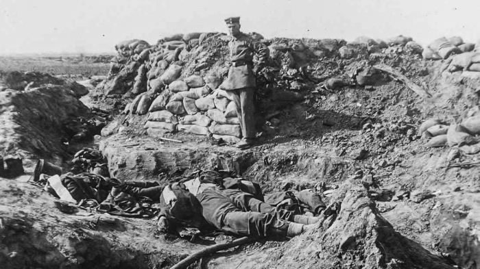 Fallen soldiers after the first gas attacks near Ypres, Belgium.