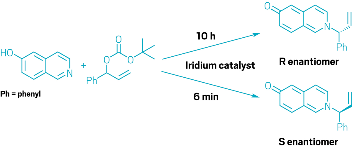 A reaction shows a starting material making two enantiomeric chiral amines via an iridium catalyst; an R enantiomer is produced after 10 h, and an S enantiomer after 6 min.
