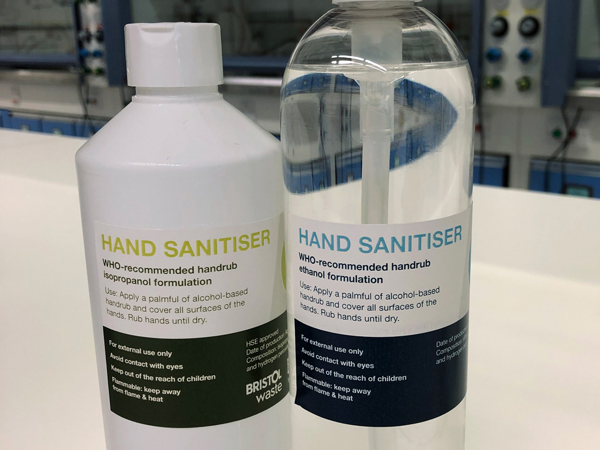 Photo of two bottles labeled as hand sanitizer.