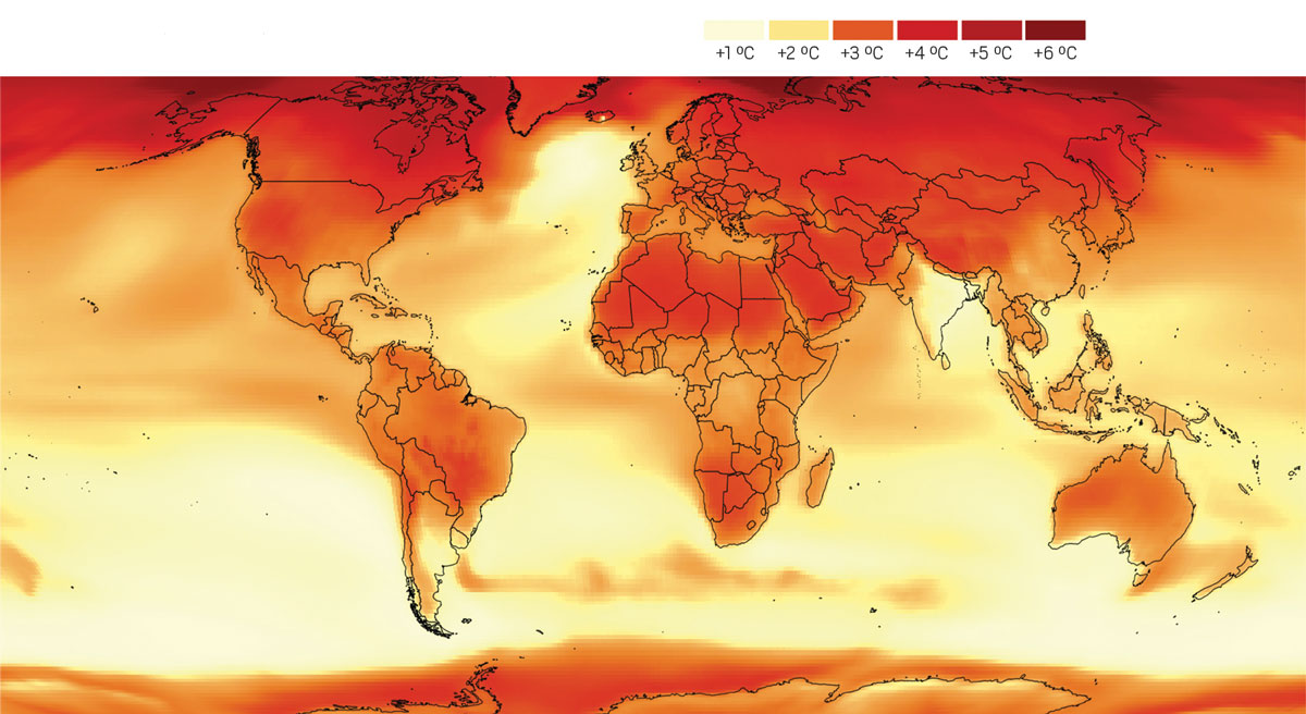 Heat map showing global temperature rise under 1.5 degrees of average global temperature increase from climate change.