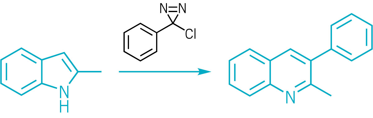 Indoles react with a chlorodiazirine to form quinolines.