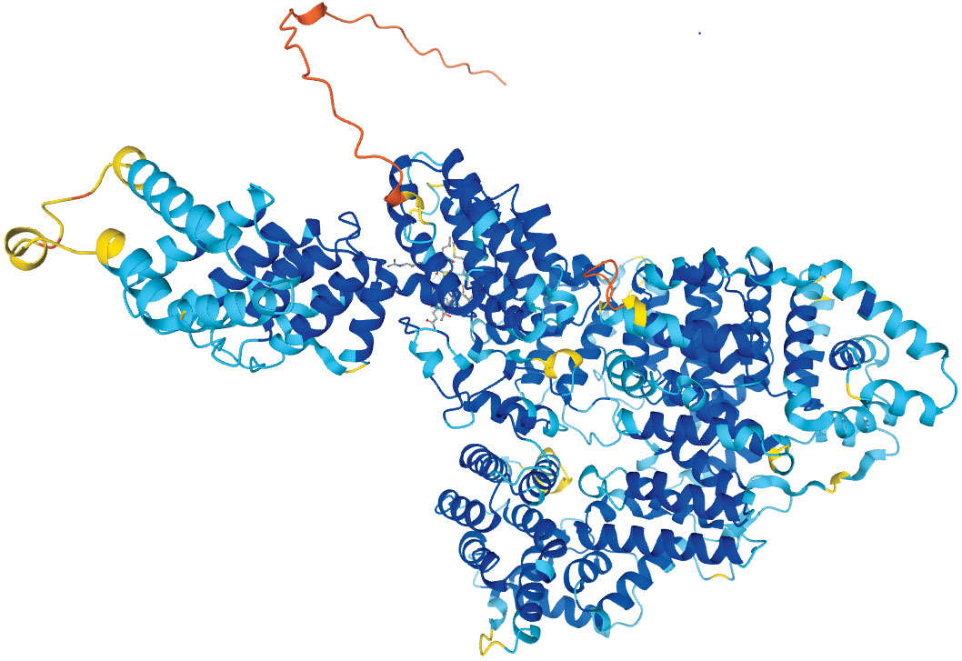 A colorful, 3D protein structure.